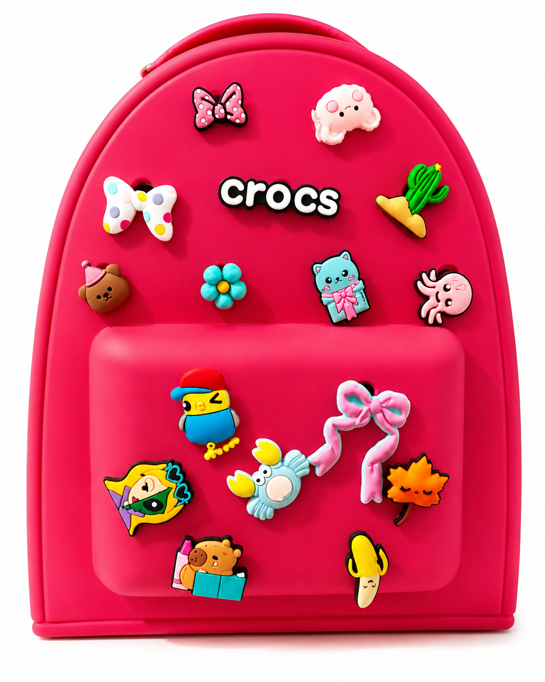 Crocs Pink Backpack with Cute Cartoon Charms | Premium Silicone Backpack | Stylish Kids & Girls Mini Bag