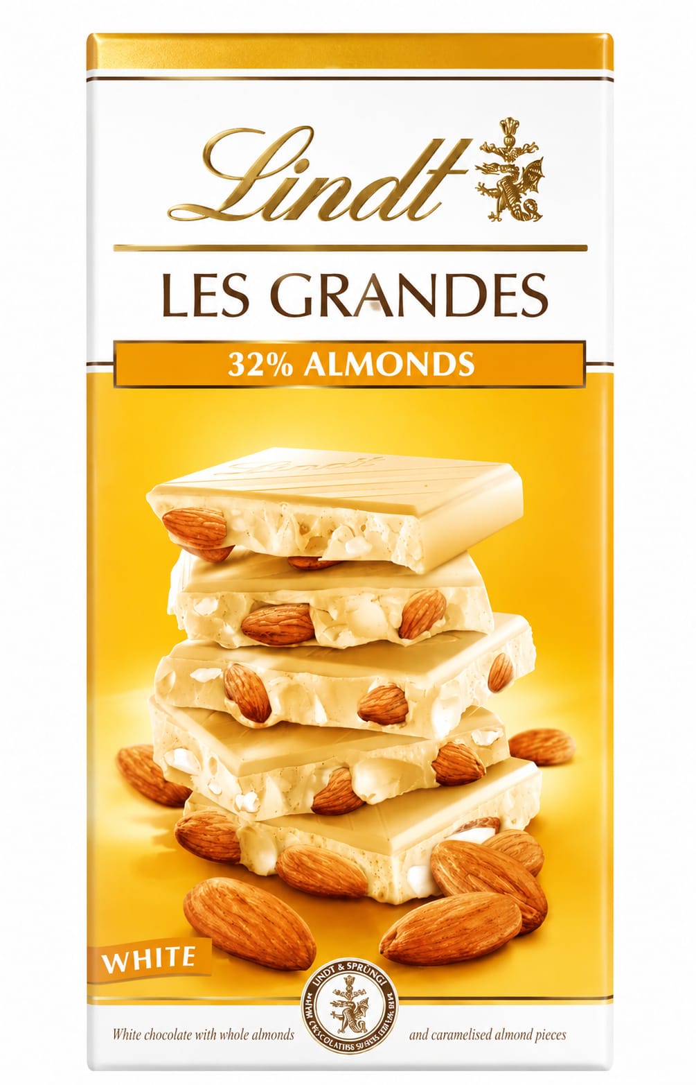 Lindt Les Grandes White Chocolate with 32% Whole Almonds – Premium Swiss Chocolate Bar (150g)