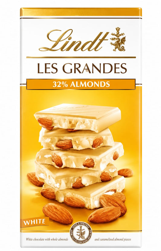 Lindt Les Grandes White Chocolate with 32% Whole Almonds – Premium Swiss Chocolate Bar (150g)