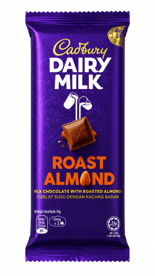 Cadbury Dairy Milk Roast Almond Milk Chocolate Bar – Creamy Chocolate with Roasted Almonds (165g)