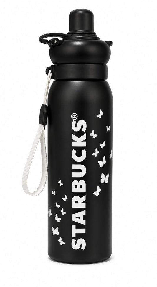 Starbucks Insulated Stainless Steel Water Bottle – Black Butterfly Print Leakproof Travel Flask